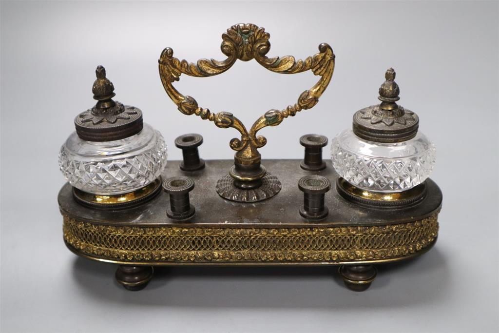 A 19th century French bronze and cut glass inkstand, length 19cm